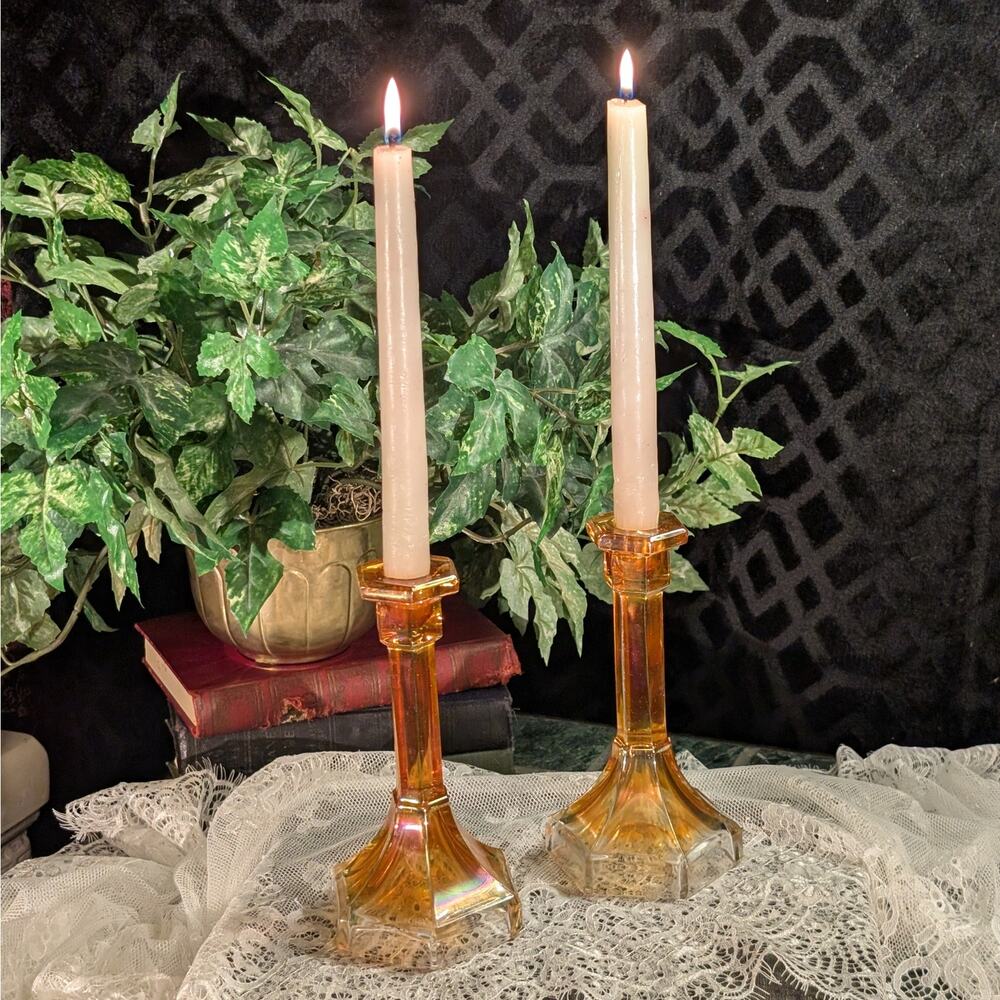Vintage Marigold Carnival Glass Candlestick Holders Pair Iridescent Amber 7"